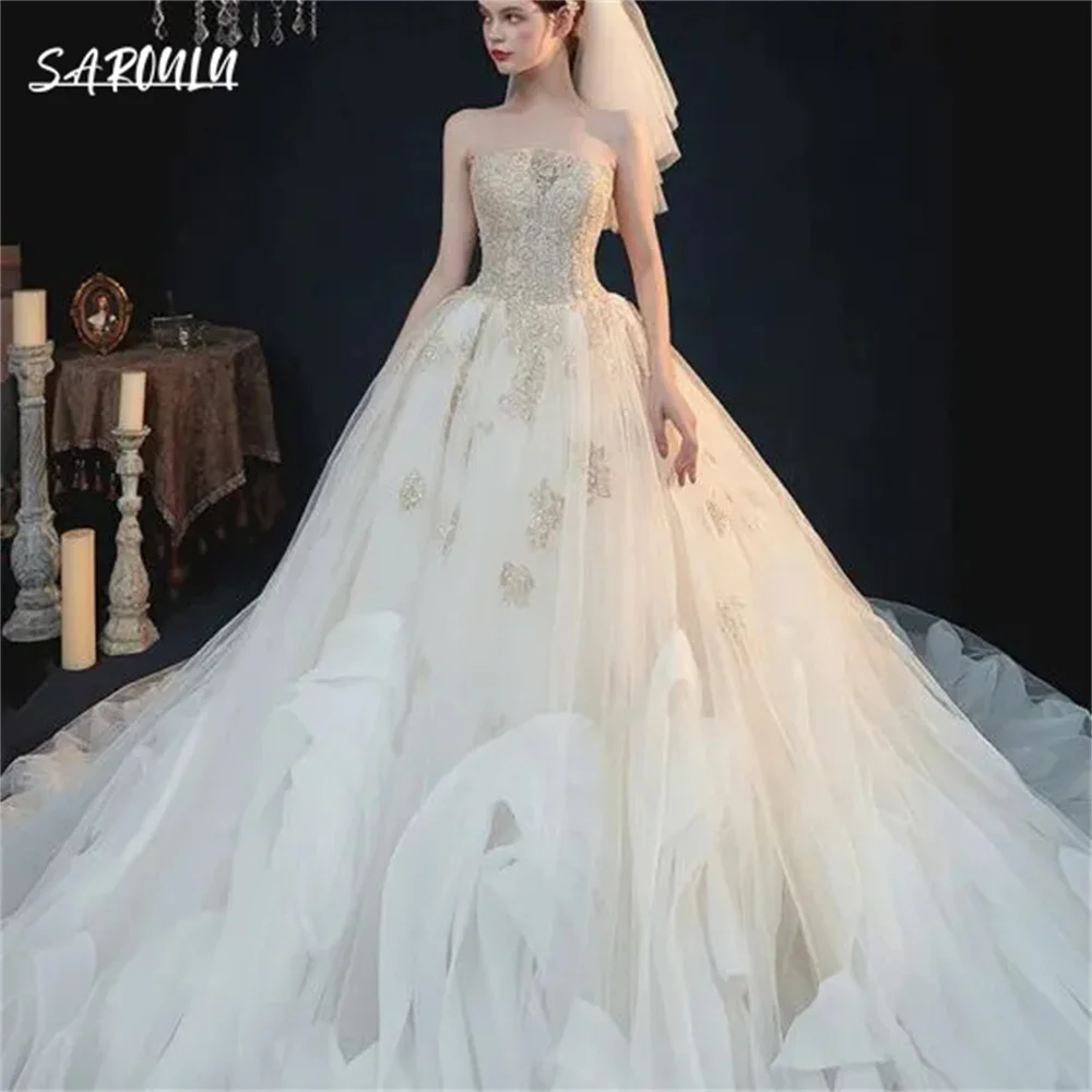 

Romantic Strapless Appliques Wedding Dress Luxury Beadings Floor-length Bridal Gown Elegant Vestidos De Novia