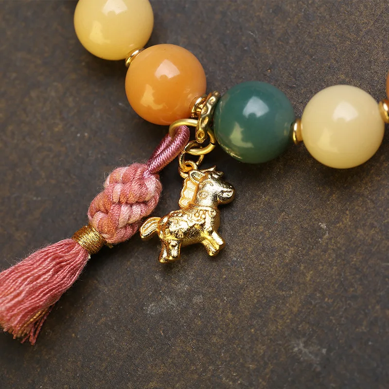 Natural Colorful Weathered Bodhi Root Round Bead Bracelet Single Loop China-Chic Vintage Ivory Fruit Carving Accessories - view 4
