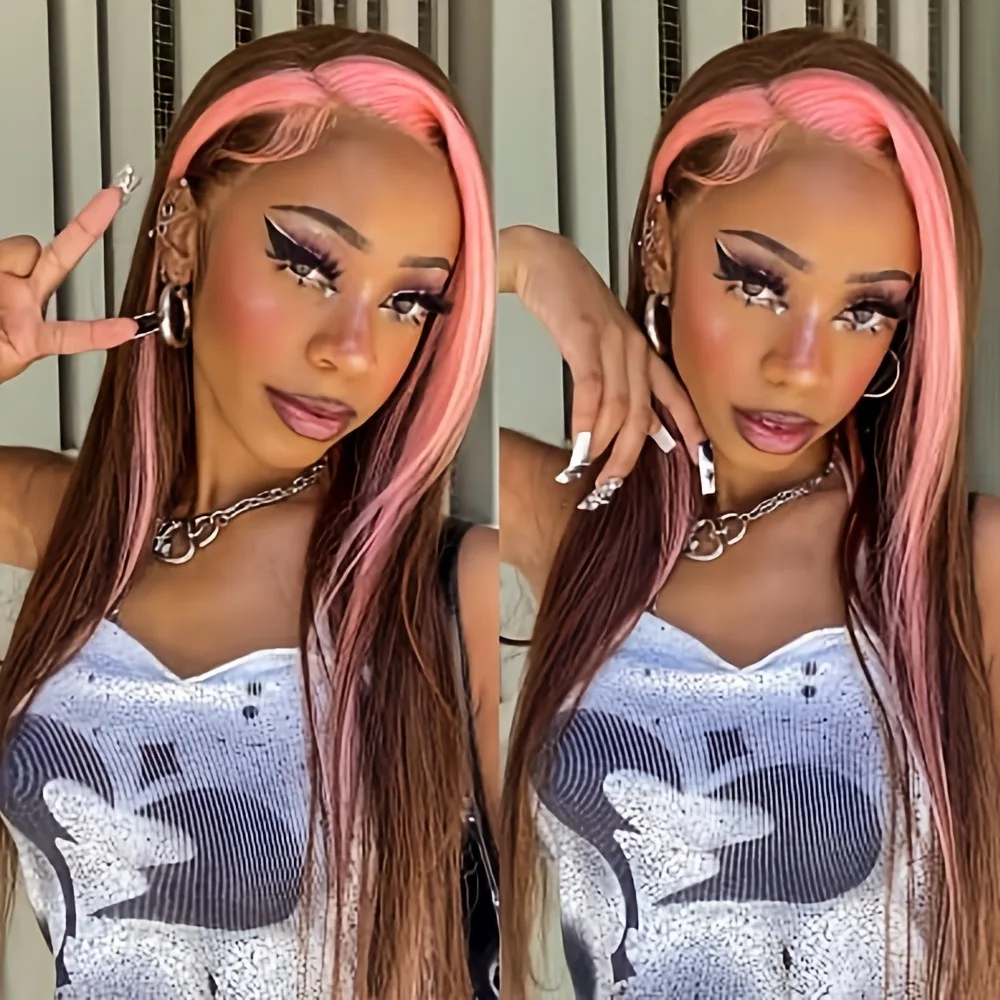 Marrom destaque rosa peruca frontal de renda reta 13x4 hd preplucked resistente ao calor natural fibra cabelo cosplay para mulher