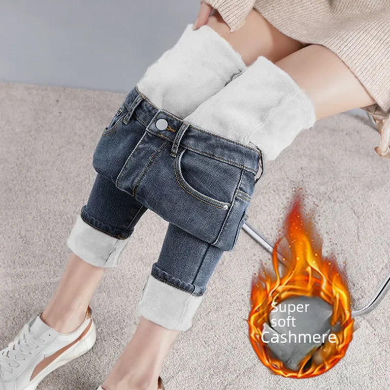 

Good Quality Women Jeans Thick Fleece Elastic Slim Fit Small-foot Pants Thickened Slimming Versatile Pencil Trousers Winter