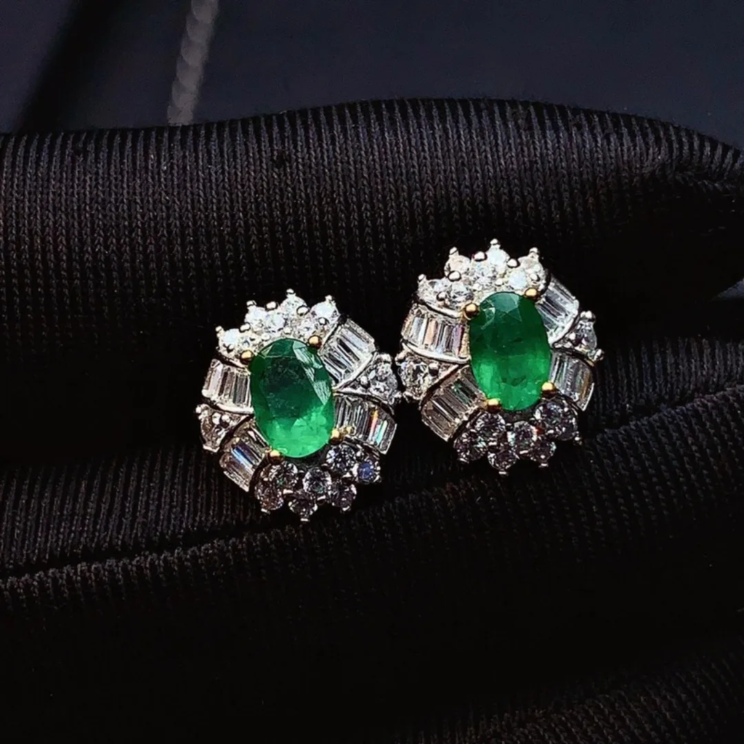 Sterling Silver Real Natural Emerald Stud Earrings Classic Fine Jewelry Women Wedding Gift 4*6mm