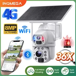 Solar Powered Camera 4G 4K 8MP Solar Outdoor Surveillance Camera 36X Extend Cable Bule and Red Alarm Light PIR Human Detection