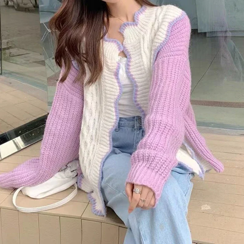 

Retro Japanese style wearing matching purple knitted sweater cardigan women's autumn and winter new loose coat sweet top