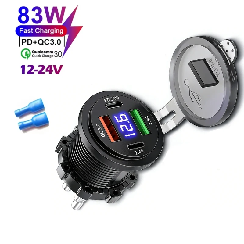 QC 3.0 PD30W Dual-USB-Schnellladegerät für Autos, 12V/24V, wasserdicht, mit Schalter, Auto-Schnellladeadapter, Stromanschluss