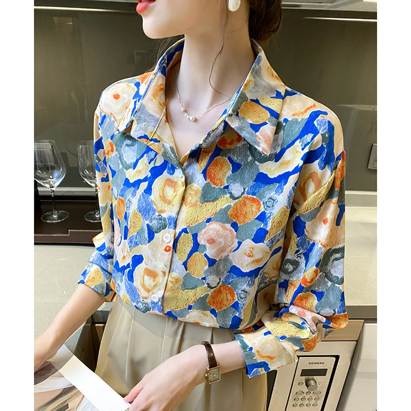 Women Spring Fashion Loose Printing Chiffon All-match Polo-Neck Long Sleeve Shirts Women Clothes Casual Office Lady Trend Tops