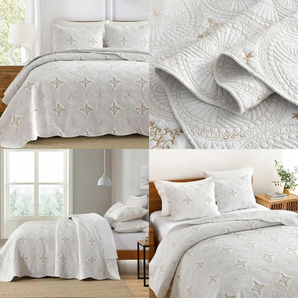

California King Size Quilt Set in Boryard White with Golden Thread - 100% Cotton Embossed, Soft and Warm Coverlet Bedding