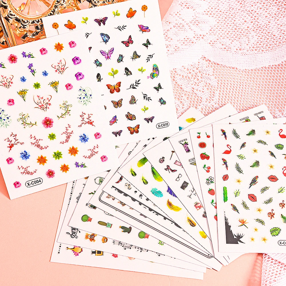 

12pcs/Set 3D Butterfly Flowers Nail Sticker Self-adhesive Strawberry/Animal Sliders Manicure DIY Decals Nails Decoration