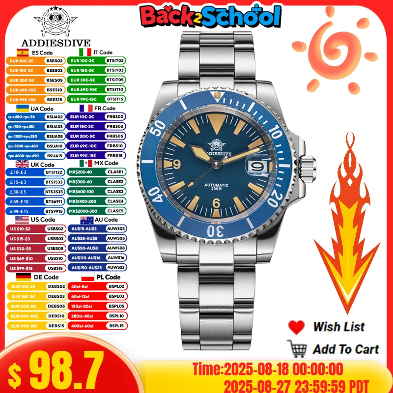 

ADDIESDIVE Top Brands Men Fashion Watch Calendar 20Bar Waterproof C3 Super Luminous Sapphire Crystal Automatic Mechanical Watch