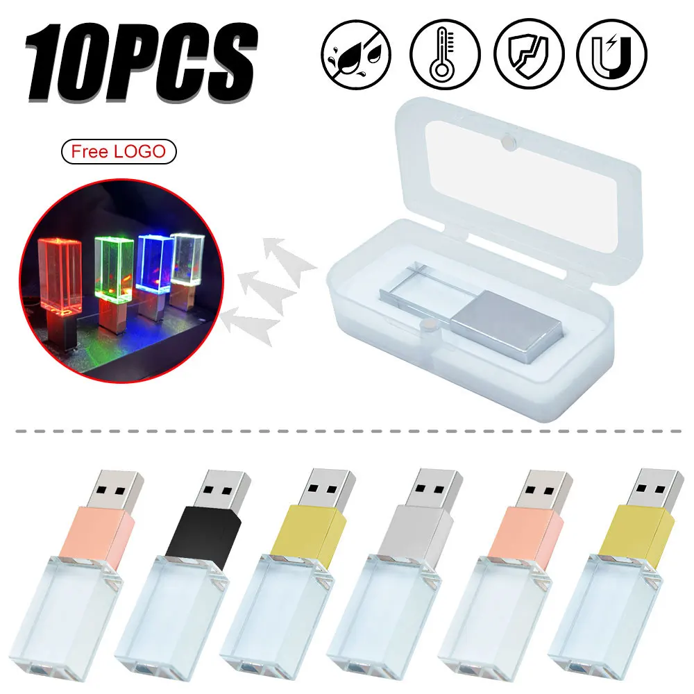 10PCS/LOT Crystal USB2.0 Wedding Gift Flash Drive Free Logo LED Pen Drive Real Capacity Stick 128G 8GB 16GB 32GB U Disk 64GB 4GB