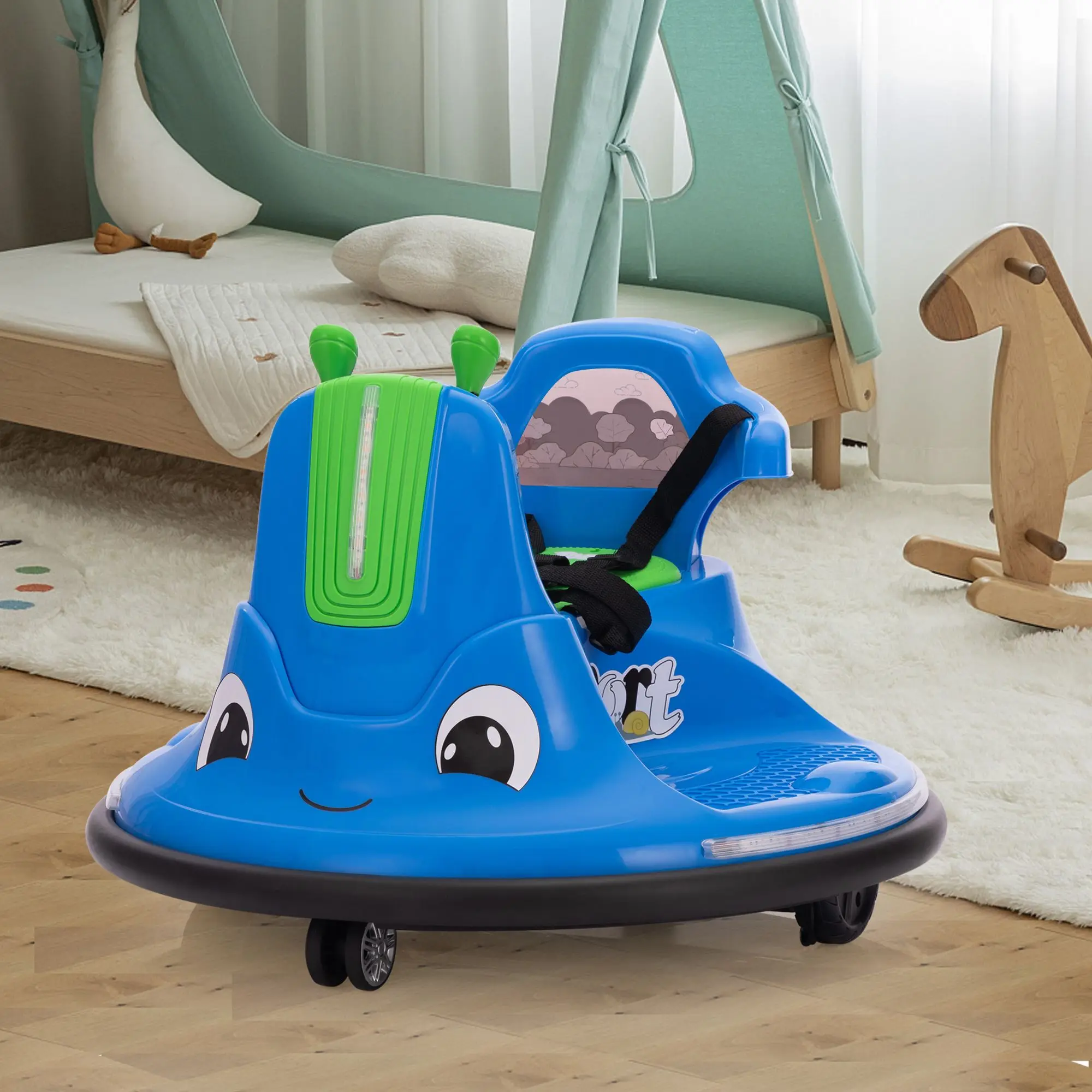 Carro de pára-choque elétrico infantil em forma de caracol 12V com controle remoto, passeio em carro com luzes LED, música, rotação de 360 graus