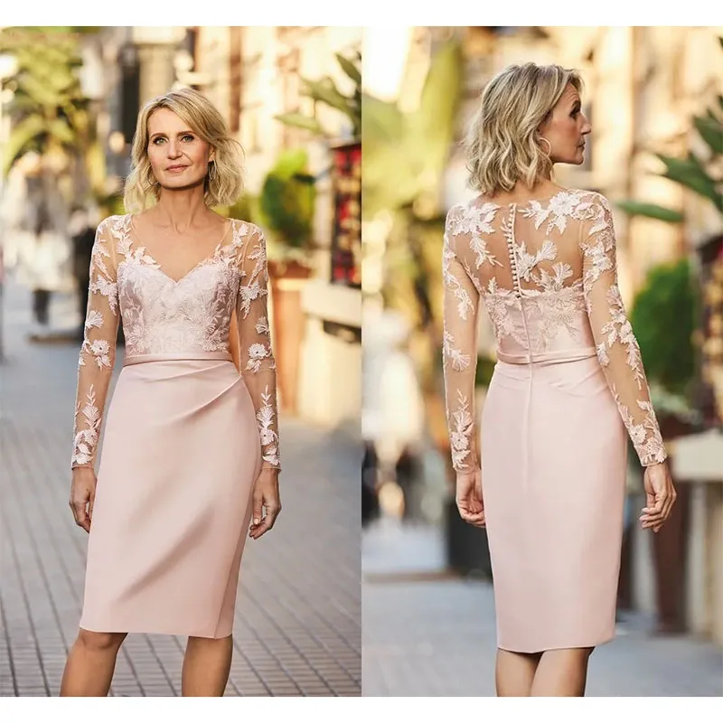 Elegante vestido rosa para a mãe da noiva, cetim decote em v, aplique de renda, manga comprida, até o joelho, vestidos curtos de baile, 2024