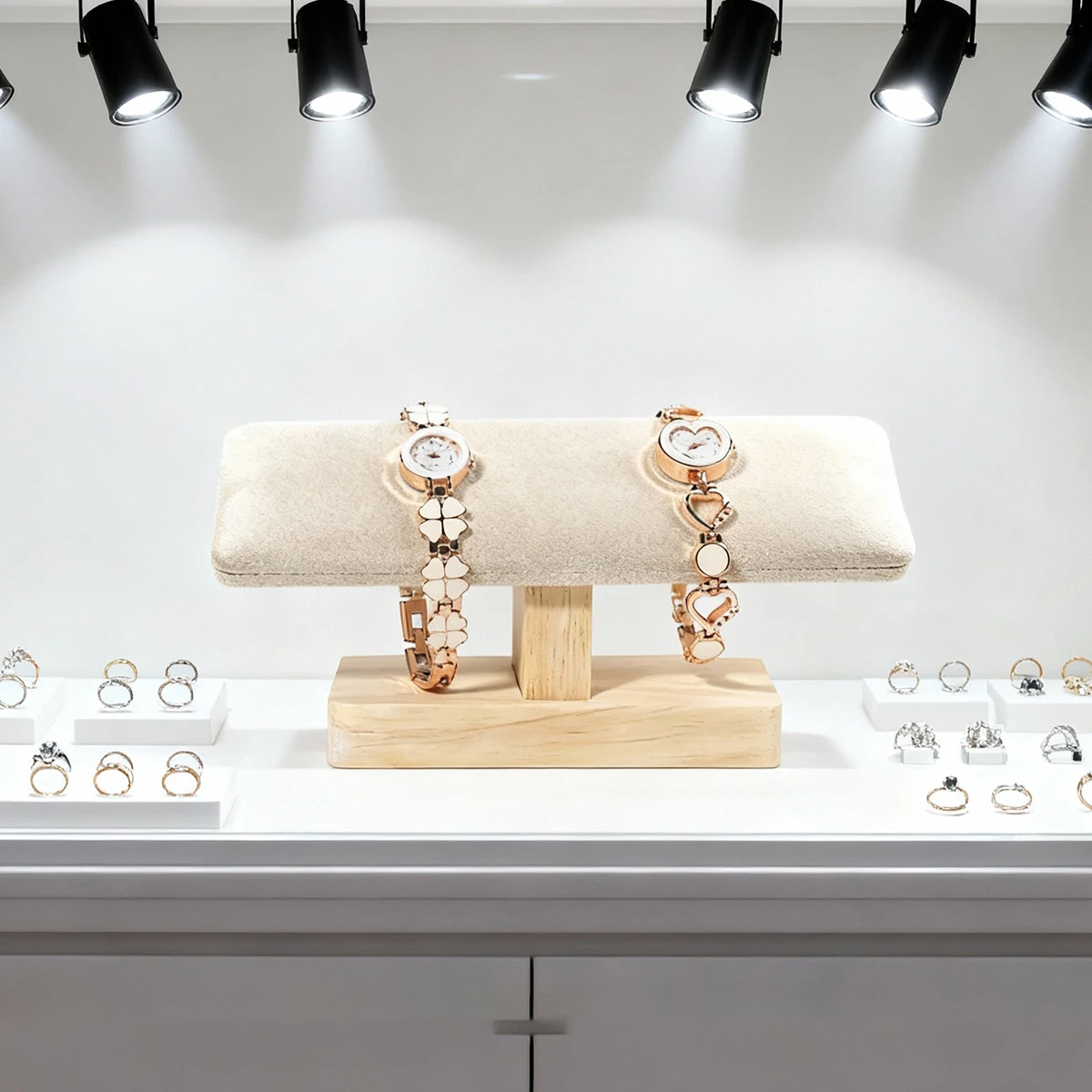 Multi-Watch Display Stand with Wooden Base & Soft Beige Cushion (20×6×8cm) - Ideal for Home/Store Watch Organization & Display