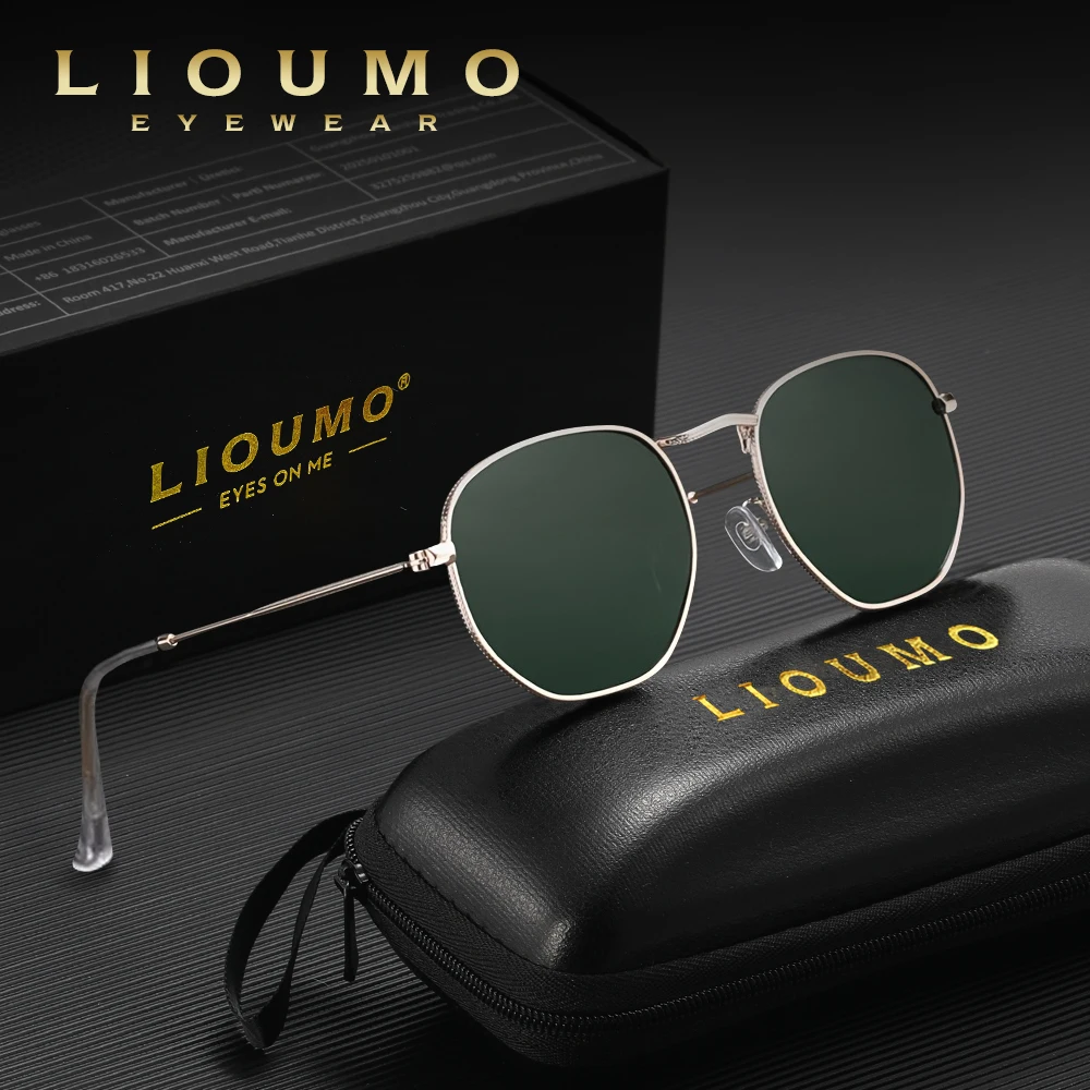 LIOUMO Polygon Frame Vintage Mirror Polarized Sunglasses for Women Driving Retro Men Sun Glasses UV400 Tea Lens zonnebril dames