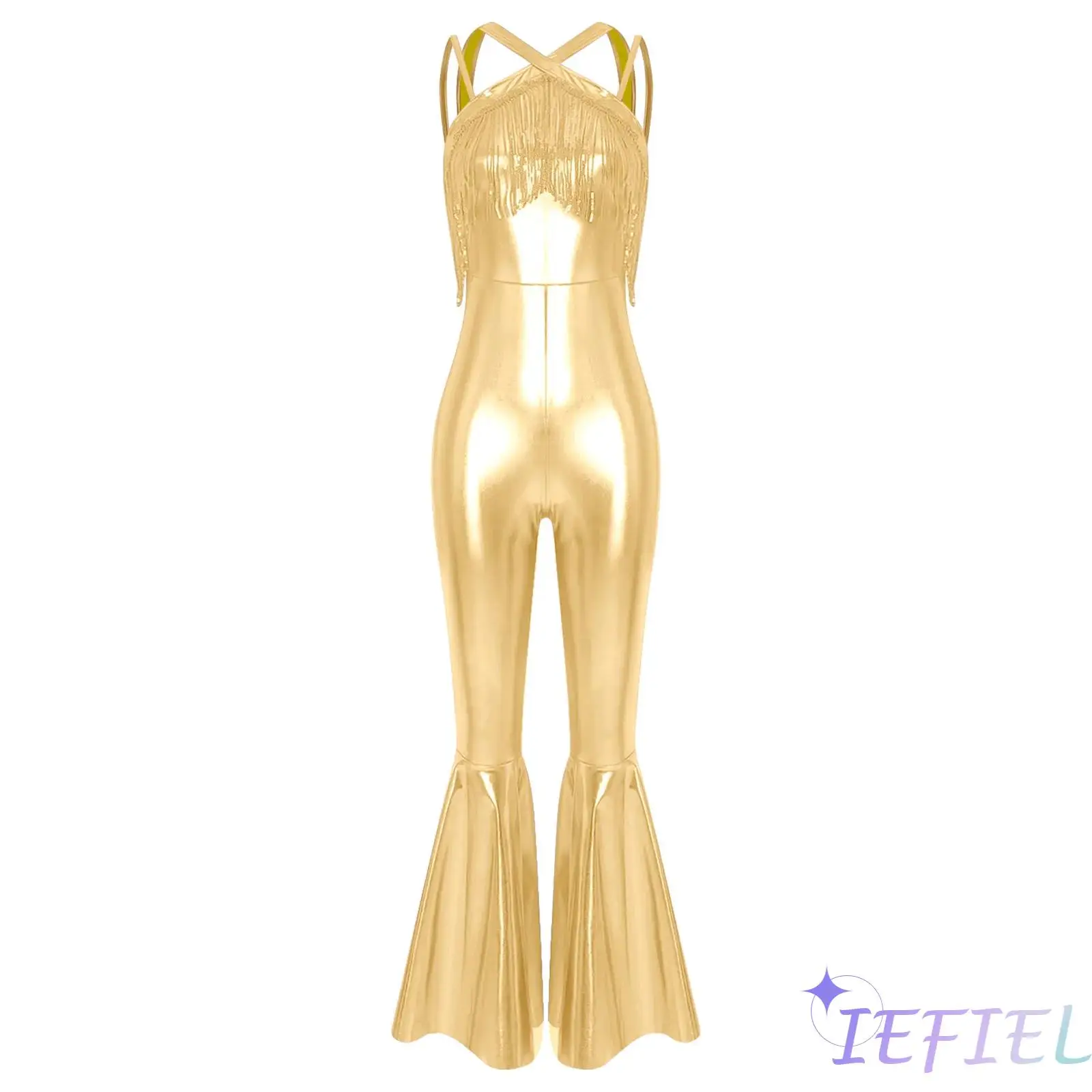 

Sleeveless Spaghetti Strap Metallic Jumpsuit for Women Shiny Sequin Tassels Bell Bottom Bodysuit for Stage Dance Club Parties