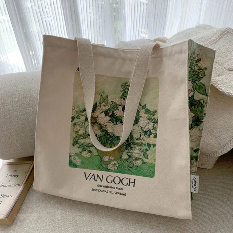 

Poetry Lifest Van Gogh White Rose Vintage Classic Thick Cotton Canvas Bag Popular Style Zipper Single Shoulder Shopping Bag Tote