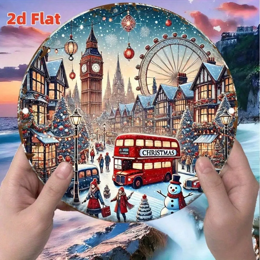 

2D Flat, Vintage London Christmas Metal Tin Painting - Big Ben, Red Buses & Snowman Winter Scene，living room decor