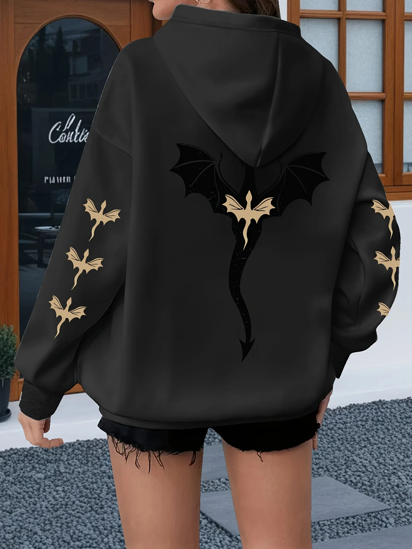 [Толстовка с рисунком дракона] Удобная женская толстовка с рисунком дракона больших размеров — повседневный пуловер с длинными рукавами и карманом-кенгуру,