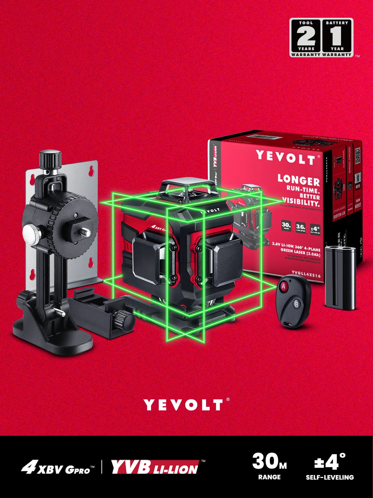 YEVOLT YVGLL4XS16-W 16 Lines 4-Plane Green Beam Laser Level with 360°Fine-tuning Magnetic Holder Self-leveling Measuring Tools