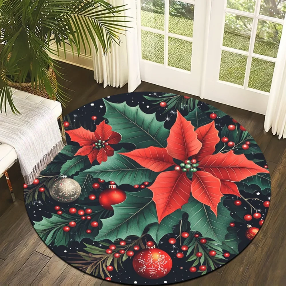 Classic White Deer Head Holiday Round Area Rug Antler Holly Red Berry Pattern Floor Mat Carpet for Living Room Christmas