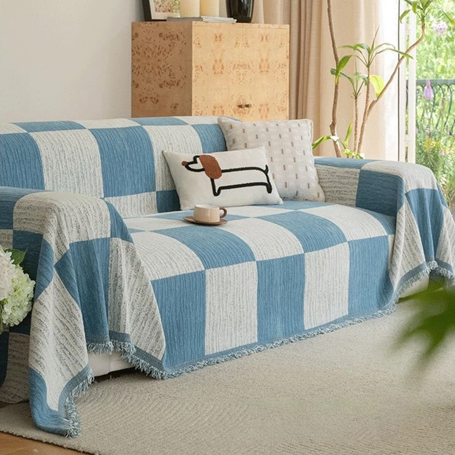1pc Chessboard Pattern Sofa Throw Cover All-cover Sofa Throw Blanket with Tassels Couch Cover Blanket Four Seasons Universal