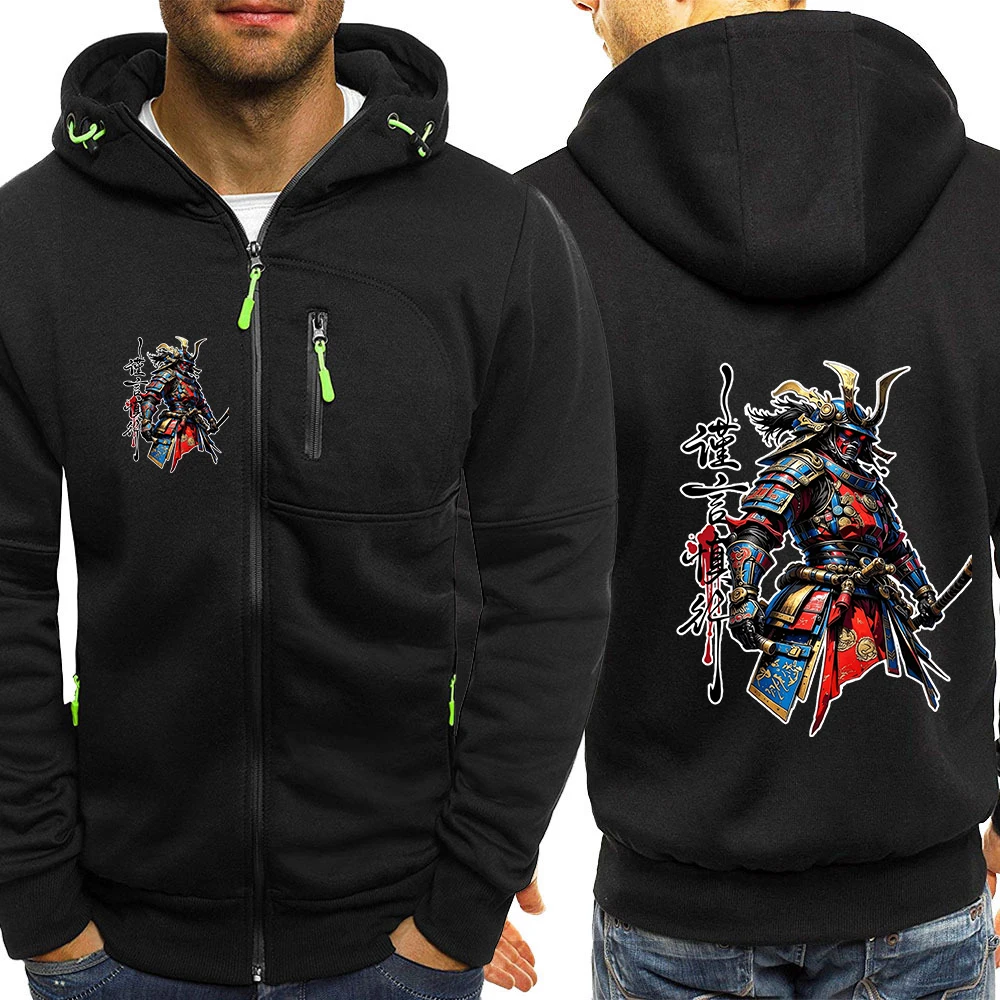 Street-style Samurai Pattern Logo 2026 Mens Spring And Autumn New Three-color Patchwork Drawstring Hoodies Zipper Warm Slim Coat