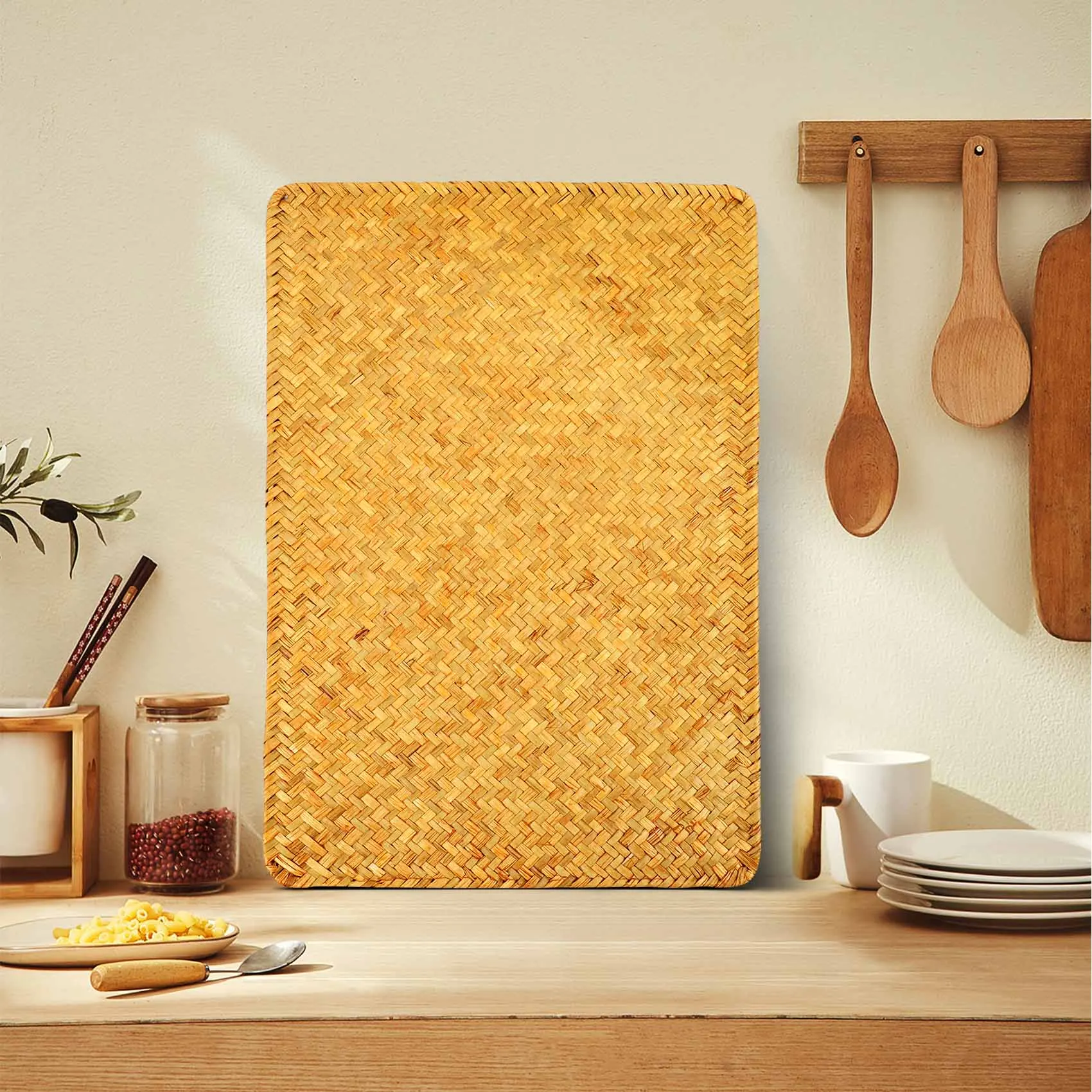 MLGB Pack of 4, Natural Seagrass Place MatHand-Woven Rectangular Rattan Placemats Straw Tea Cup Mat Potholder