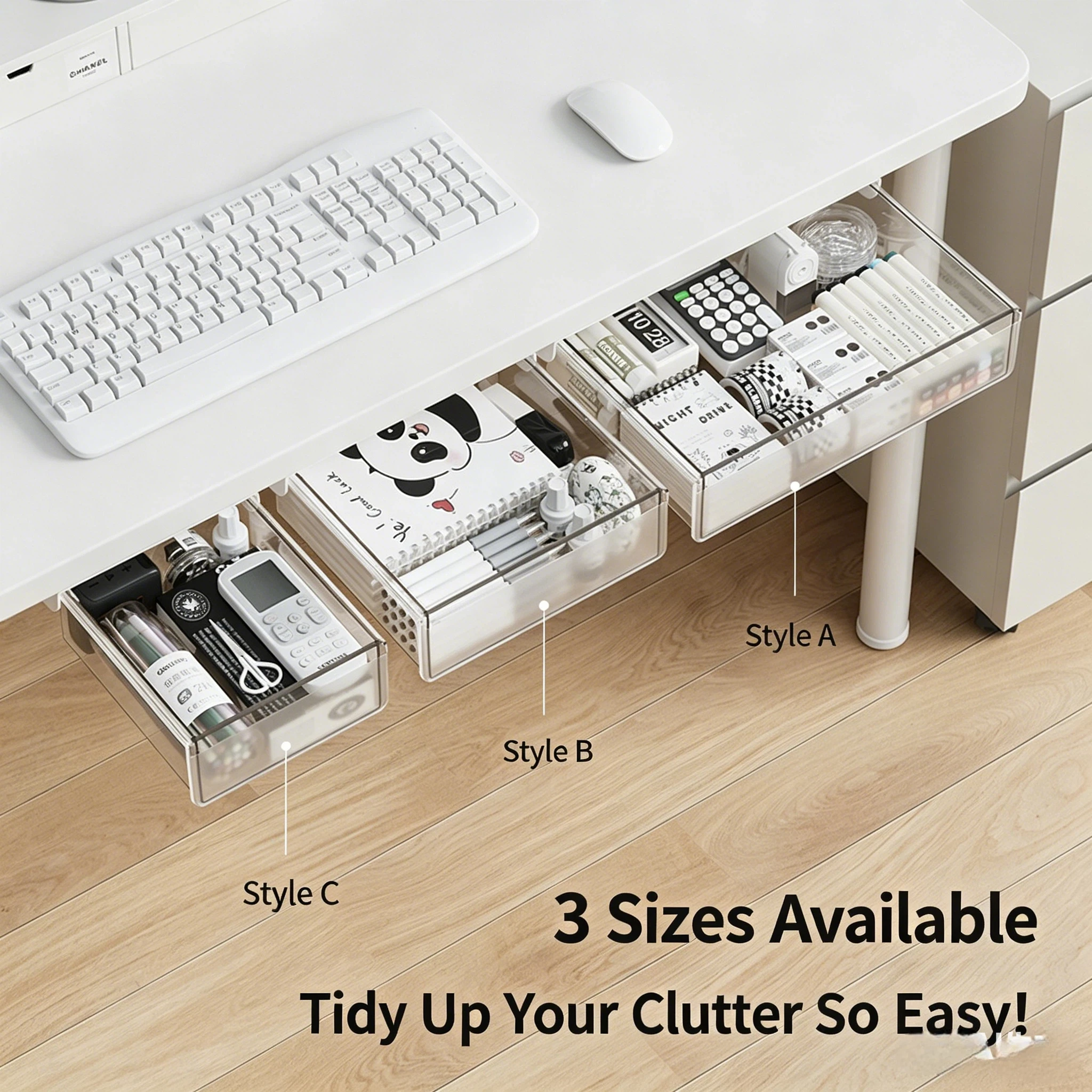 Under Desk Drawer Invisible Pull Out PET Transparent Storage Drawer Self Adhesive Space Saver For Cosmetic Organizing.