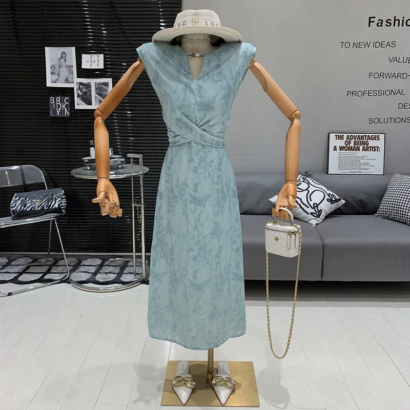 

Retro Elegant bandage Hollow out Beading floral high-end slimming dress women summer dress vestidos