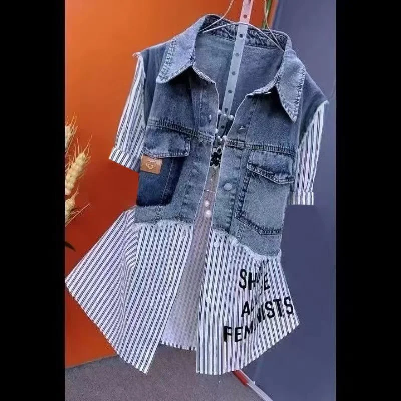 Long Short fake two-piece Fashion Striped Denim Jacket 2024Women\'s Spring/Summer Stitching Women Jackets Temperament Coat jacket