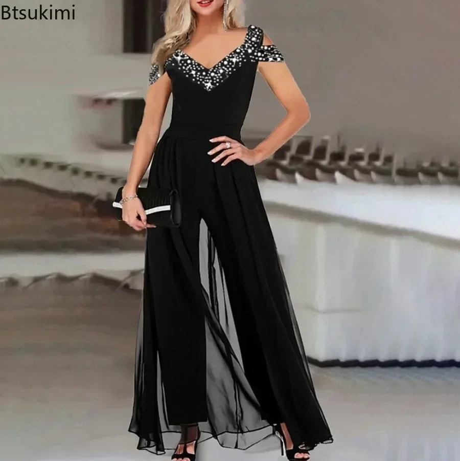 Elegancki damski kombinezon bez rękawów na wiosnę i lato 2026, dekolt w serek, casualowy patchworkowy romper, kombinezon biurowy, strój typu playsuit.