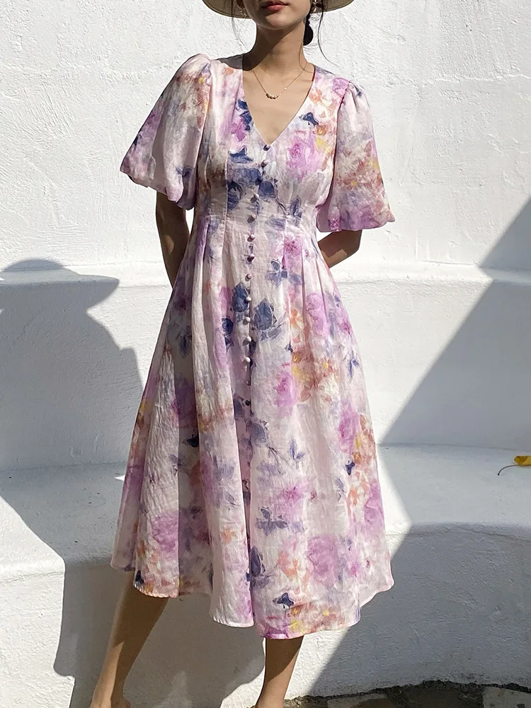 

GypsyLady Flroal Elegant Chic Summer Dress Purple Purple V-neck Spring Summer Women Puff Sleeve Vocation Ladies Dresses Vestidos