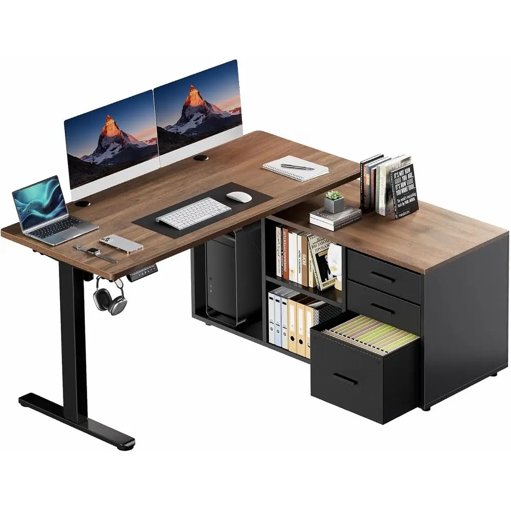 

Electric L-Shaped Standing Desk, Walnut, 55x23.6, 4 Memory Presets, Adjustable Height Executive Desk for Home Office