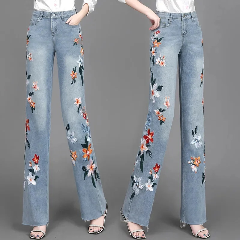 

New 2024 Straight Pants Denim High-End Embroidered Wide-Leg Jeans Women's Spring And Autumn Ladies' Trousers