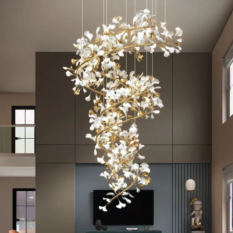 Modern Ginko Leaves Hanging Staircase Chandeliers For Hall Lobby Luxury Large Designer High Ceiling Living Room Ceramics S-shape