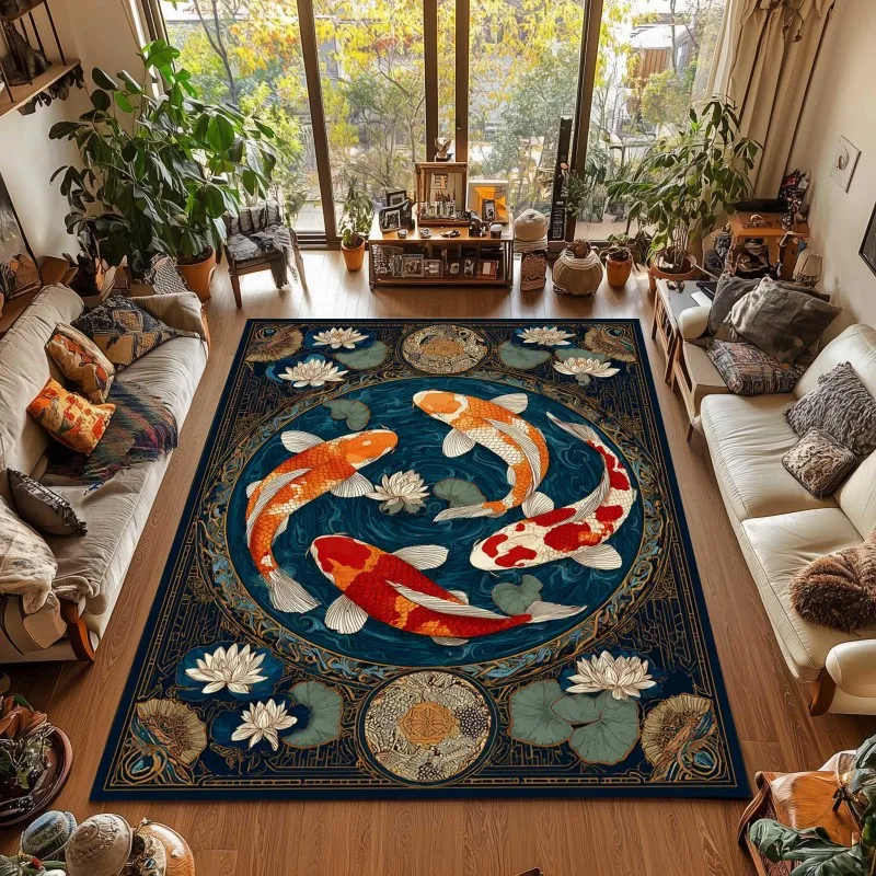 2D Realistic Koi Fish Area Rug Splashing Pond Water Lotus Leaf Carpet For Living Room Chinese Style
