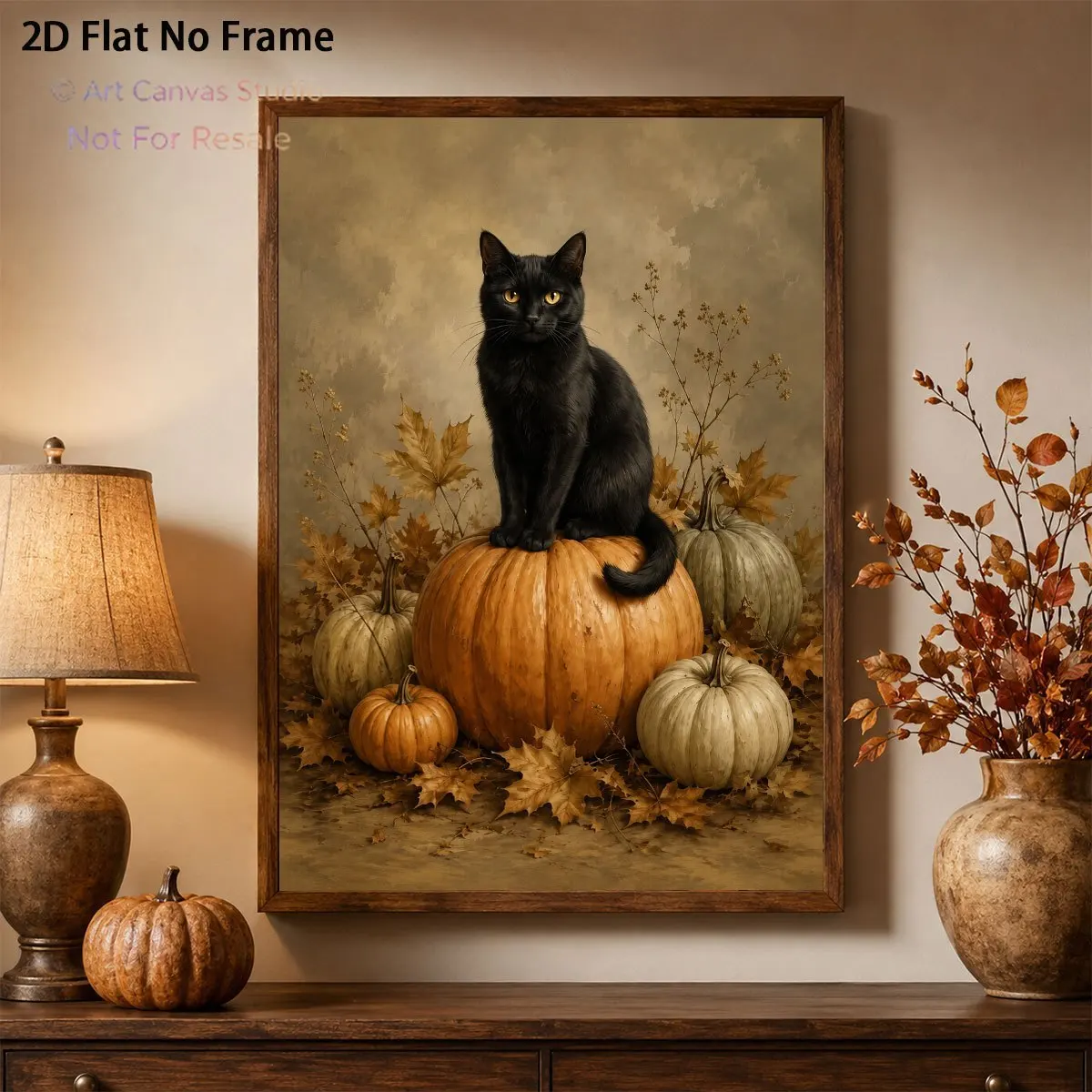 2D Flat, 2D Flat, 1pc Black Cat And Pumpkins Poster Autumn Halloween Vintage Oil Painting Style Wall Art Thanksgiving Unframe