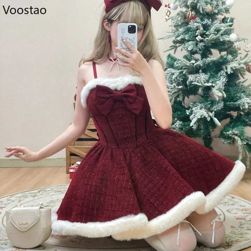 Sweet Lolita Style Dress Sets Women Elegant Bow Plush Shawl Short Jackets Mini Skirts Suit Kawaii Christmas New Year 3 Piece Set