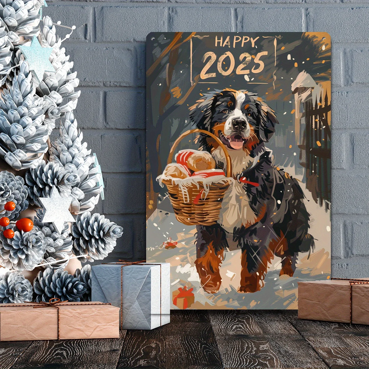 2D Flat 1pc 8x12 Inch(20cm X 30cm) Bernese Mountain Dog's Holiday Bread Basket Tin Sign Alpine Treats and Season's Greetings f