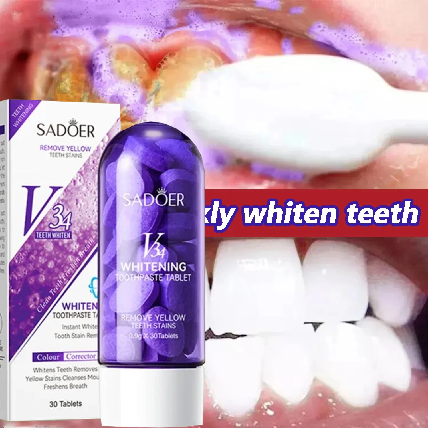 Natural Grapes Flavor Solid Toothpaste Tablets - Teeth Whitening, Smoke Stains Removal, Fresher Breath, Healthier Teeth & Gums