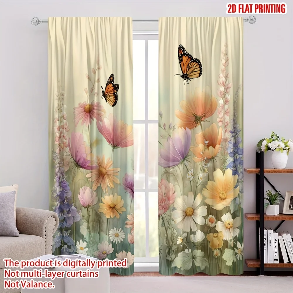 2 Panels Watercolor Wildflower Butterfly Curtains Daisy Poppy Lupine Floral Print Drapes Fresh Pastoral Country Bedroom Window