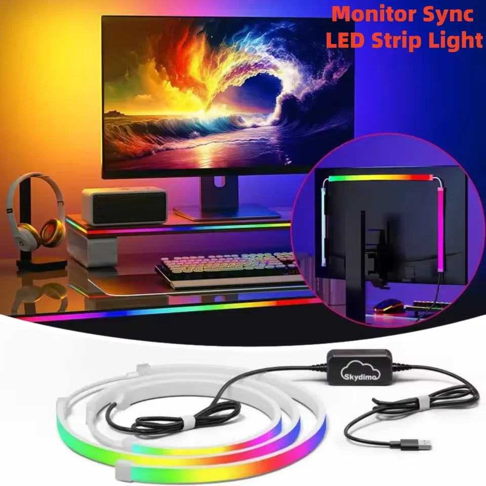 Bande lumineuse LED intelligente pour écran de synchronisation de musique, rétro-éclairage intelligent, moniteur d'ordinateur, lumière ambiante USB, décor d'ambiance pour salle de jeu
