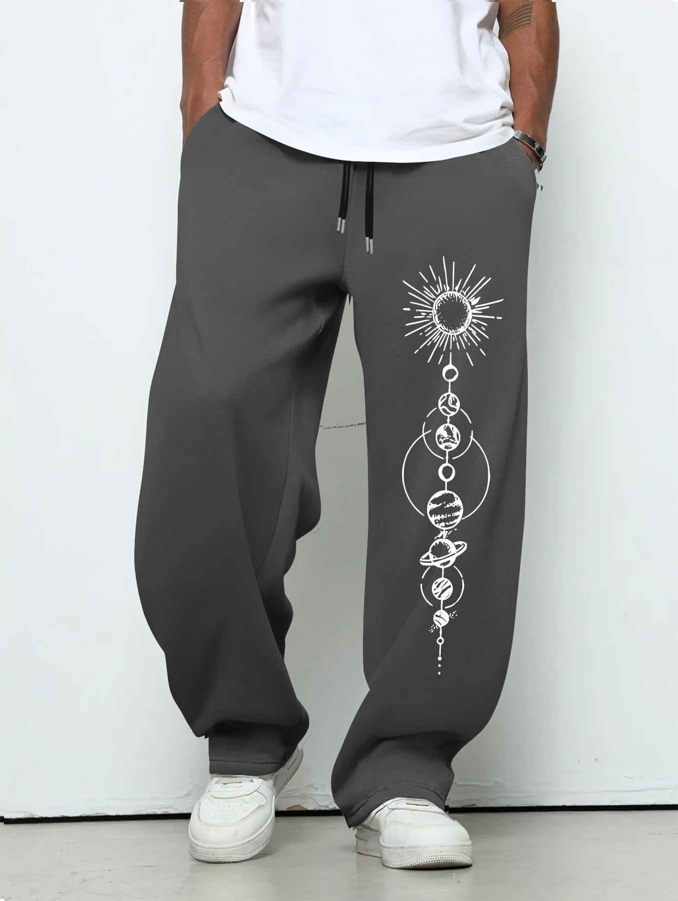 Men American Street Straight Leg Sweatpants Solar System Themed Print Drawstring Loose Comfort Versatile Daily Sports S-3XL