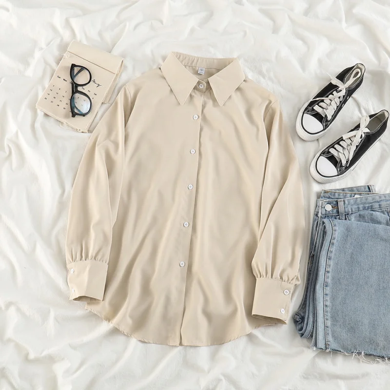 Retro Chic Autumn Korean Style Loose Long Sleeve Tops Women Shirts Outerwear Solid Shirts Ladies Blouse
