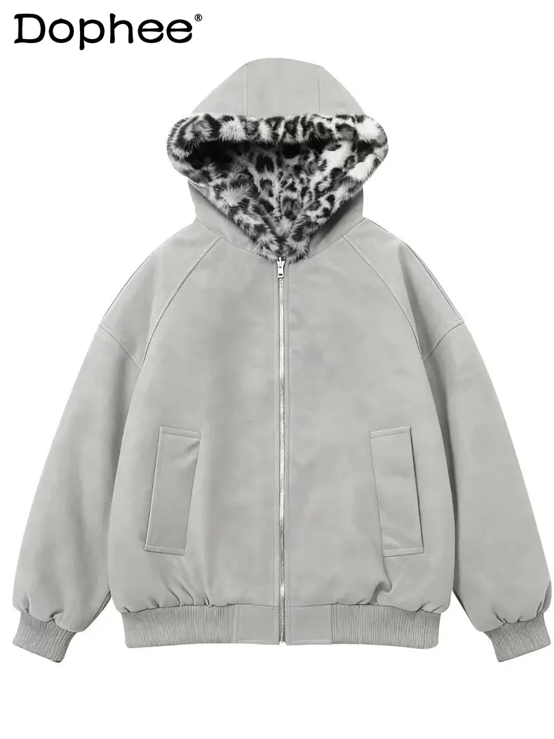 

2025 New American Fashion Trend Leopard Print Hooded Cotton Jacket Winter Fleece Thickened Warm Jacket for Men