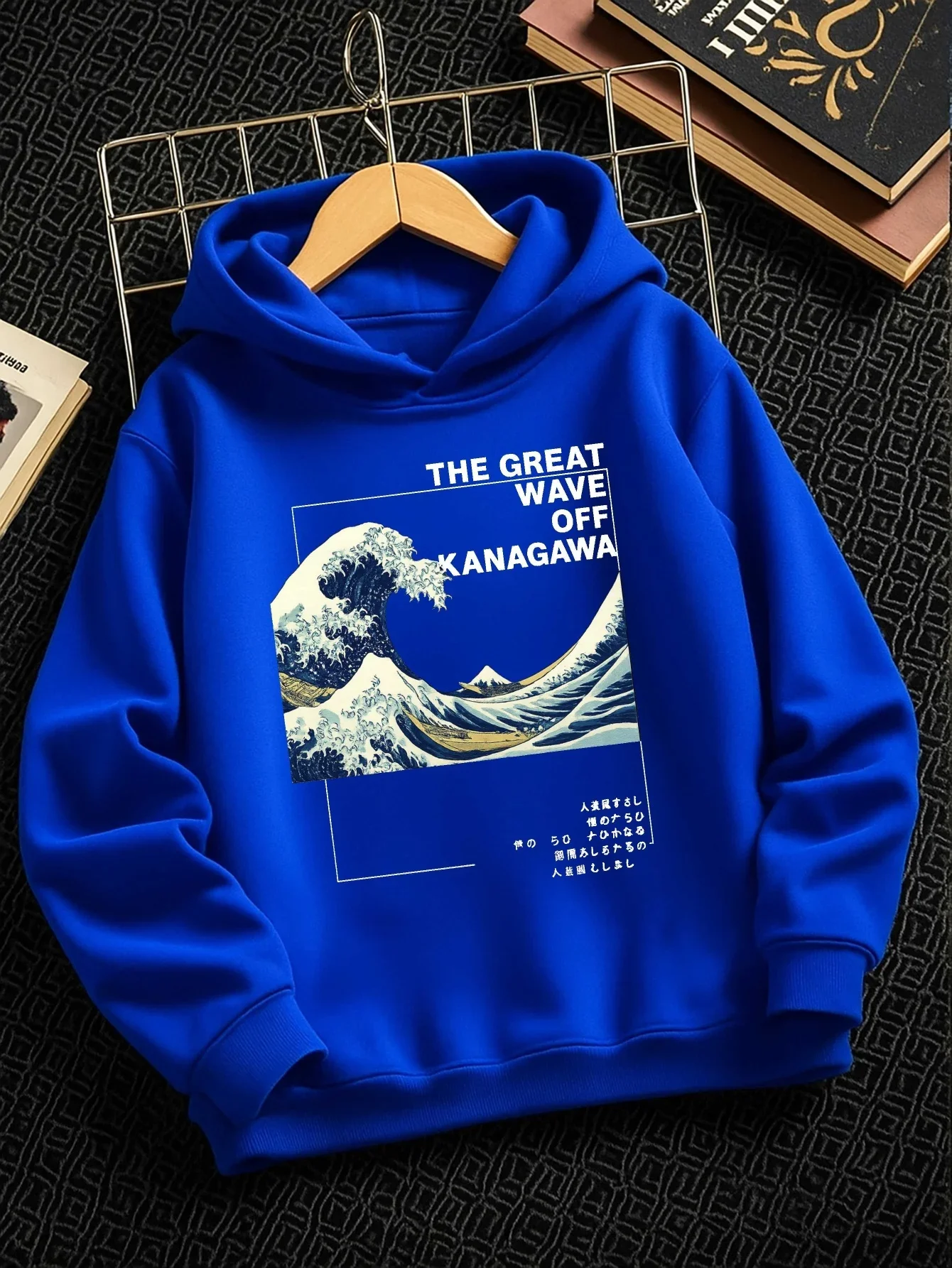 Japanese Ukiyo‑e Wave Kids Hoodie Retro Sea View Chest Graphic Autumn Winter Fleece Warm Streetwear Hooded Sweatshirt