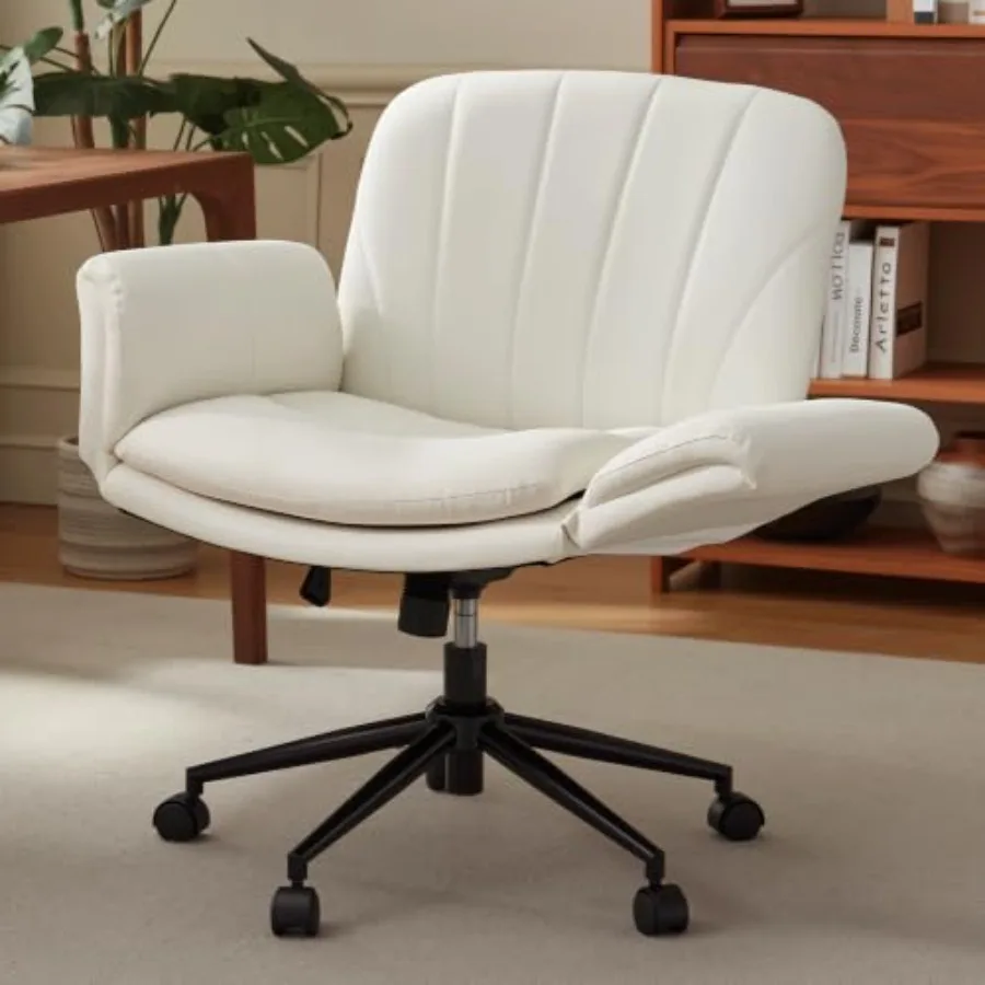 Criss Cross Chair for Home Office, Bedroom, Vanity Room - PU Leather - Black - Five-Level Adjustable Arms and Wheels