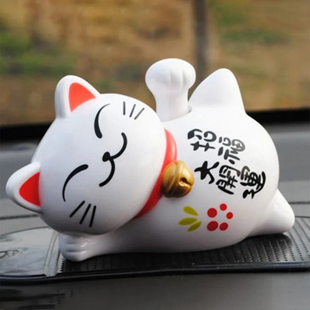 Solar Powered Neko Adorable Lazy Lying Waving Beckoning Fortune Ornament Lucky Cat Cartoon Kawaii Welcoming Fortune Cat Lucky