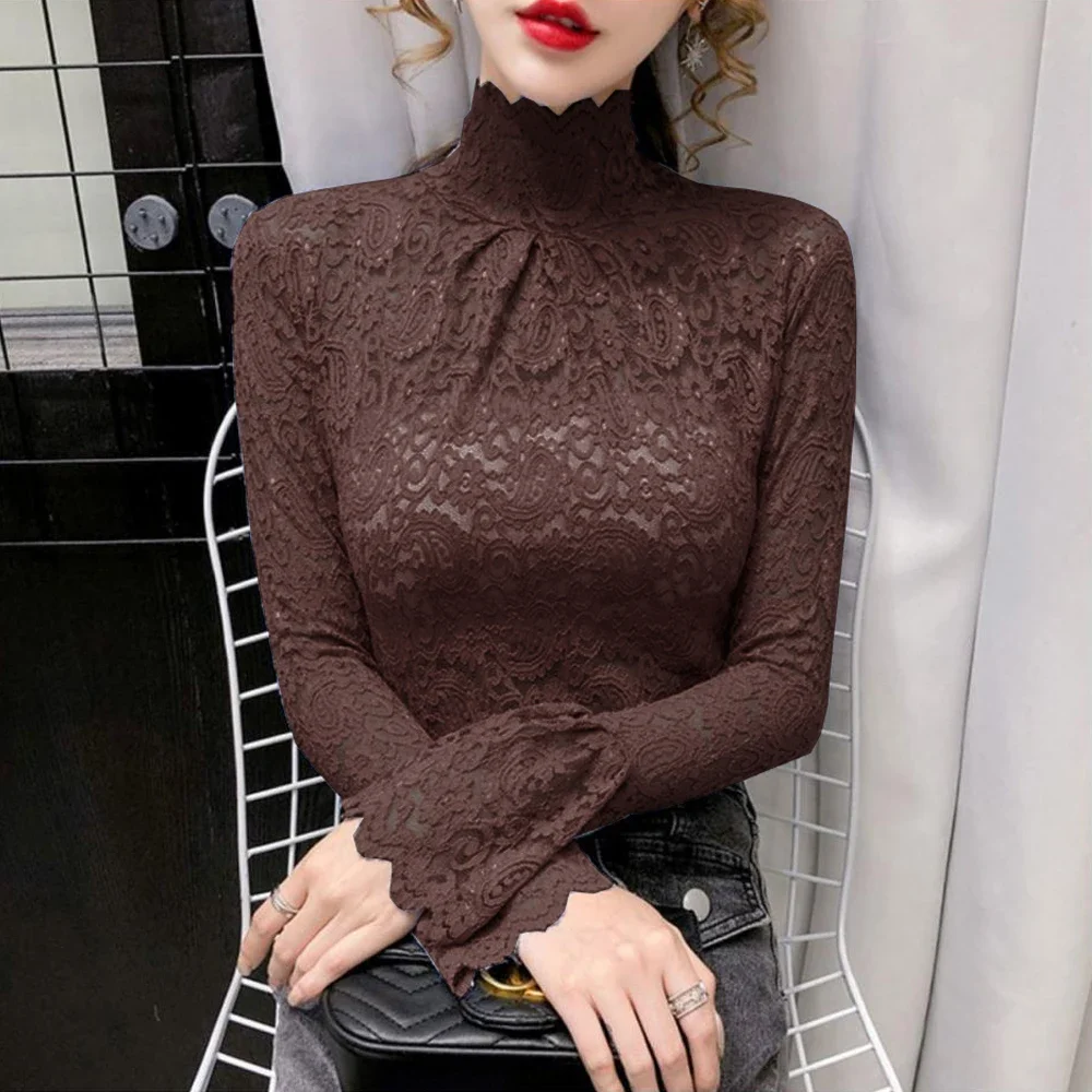 Woman Lace Blouse Transparent Women Blouses Girl S-2XL Black Coffee White Green Top Blouses Sexy Paisley Lace Shirts Long Sleeve