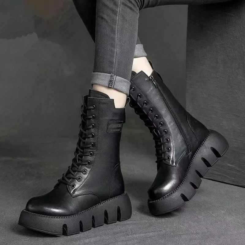 Retro Winter Leather Women's Boots Round Head Middle Heel Women's Ankle Boots Lace Warm Snow Boots Thick Bottom Bicycle Boots