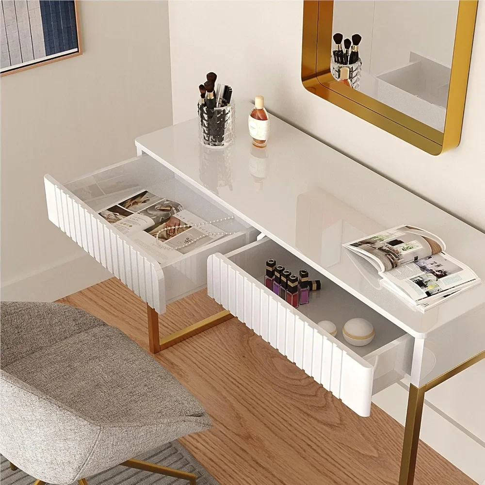 Elegant Modern Desk, 2 Drawers, Gold Legs, 43.3x15.75 Inches, Home Office, Makeup Vanity, Computer, Writing, Study, Entryway